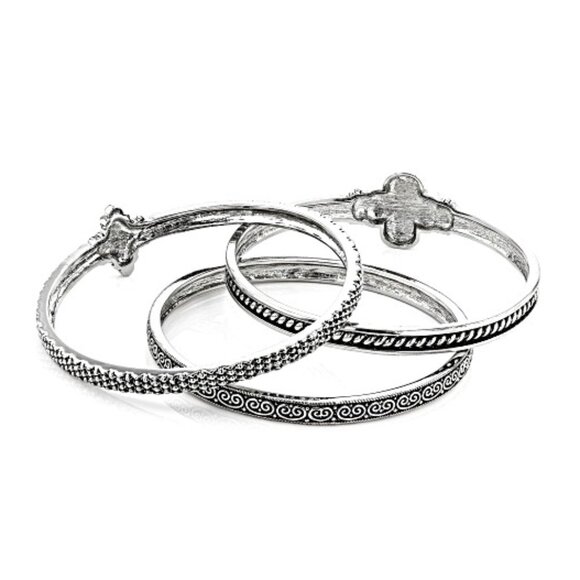 NWT - Paula Deen Crystal Silver Quatrefoil Bangle Bracelet Set of 3 - Stackable - Picture 3 of 10